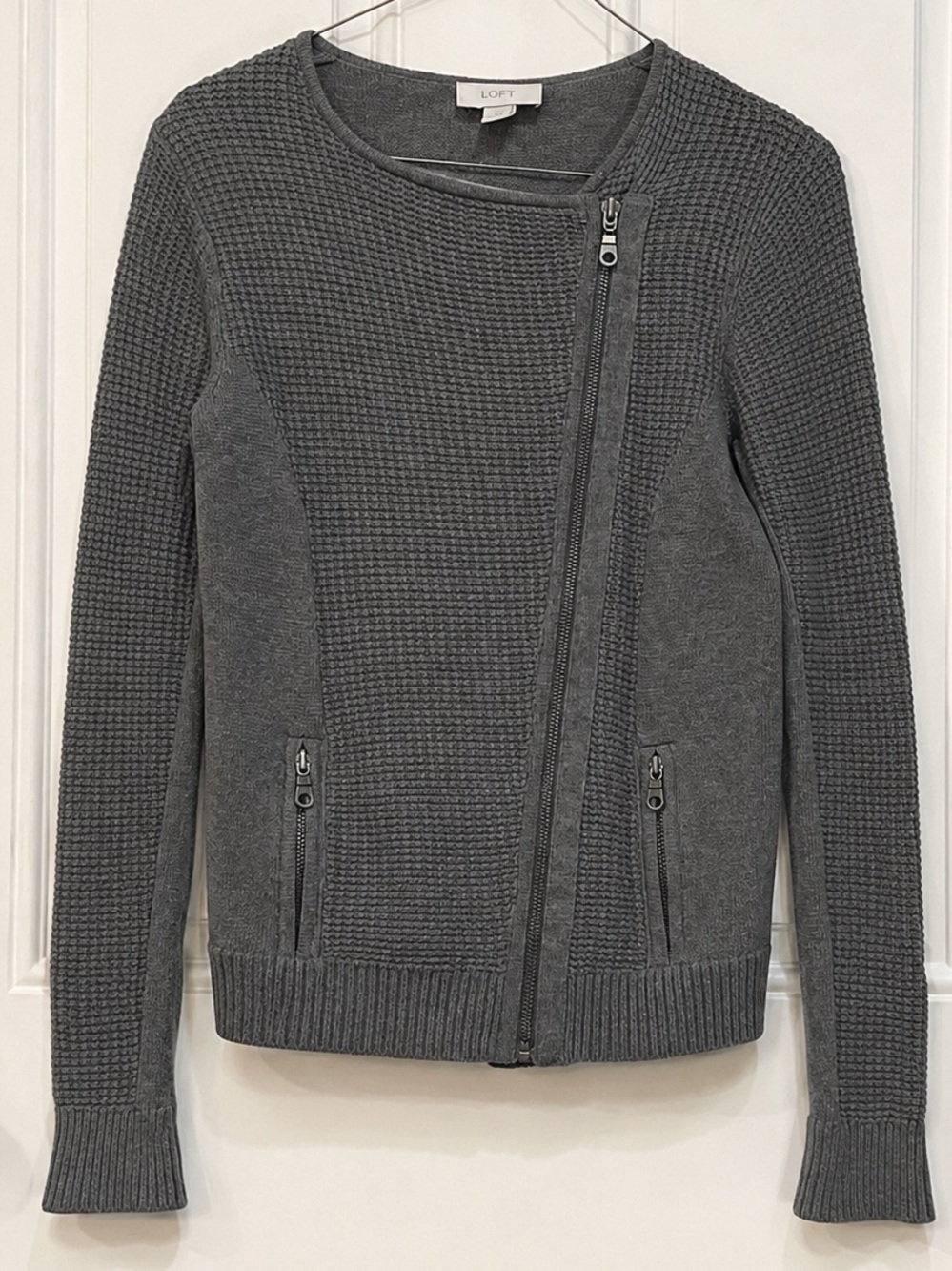 Loft Petites Gray Waffle Knit Moto Sweater Jacket - Size XXSP